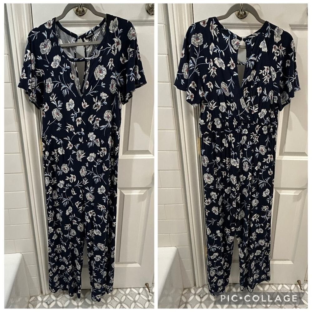 Torrid Challis Navy White Floral Wide Leg Rayon Jumpsuit Women's L Plus Curvy - Picture 4 of 12